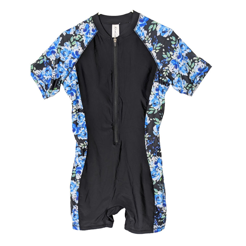 Womens One Piece Swimsuit Black Blue Floral Large Boy Leg Beach Pool Surf
